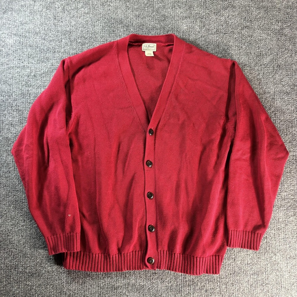 L.L. Bean Sweater Mens XL Red Cotton V Neck Cardigan Button Front Long Sleeve